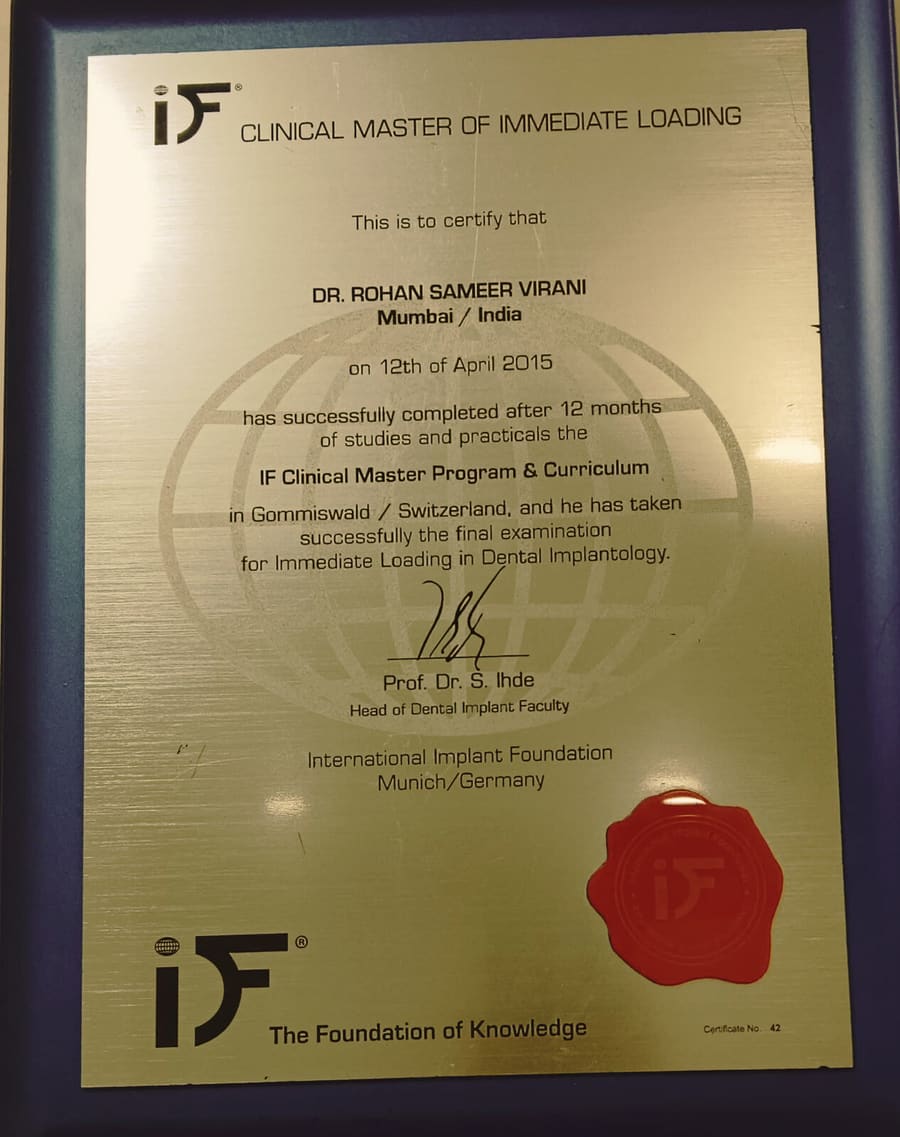 Dr. Rohan Virani, Clinical Master of Immediate Loading certificate